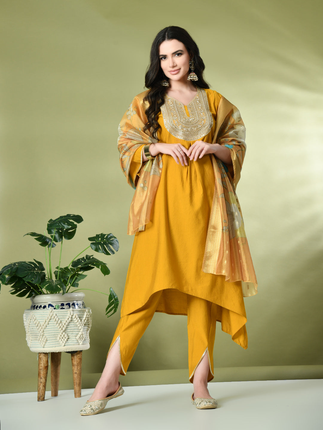 Women s Mustard Viscose Silk Embroidered Kurta Dhoti Pants With Prin myshka fashion