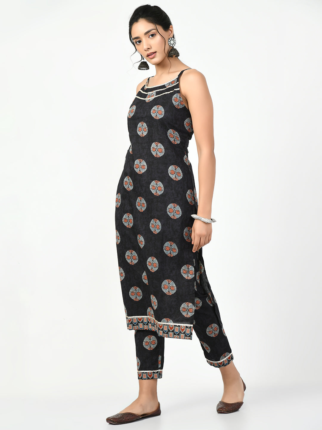 Women's Black Printed Kurta With Trouser Myshka