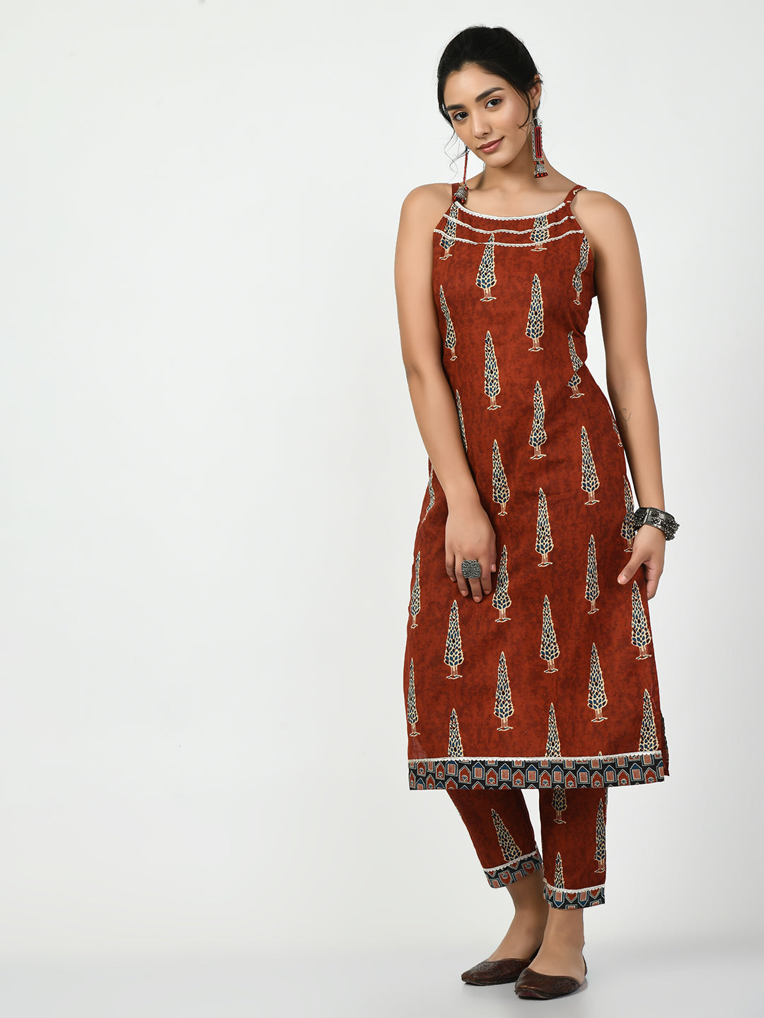 Women's Rust Printed Kurta With Trouser Myshka