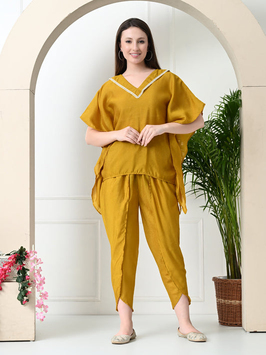 Myshka Women's Yellow colour Co-ord set with Lace