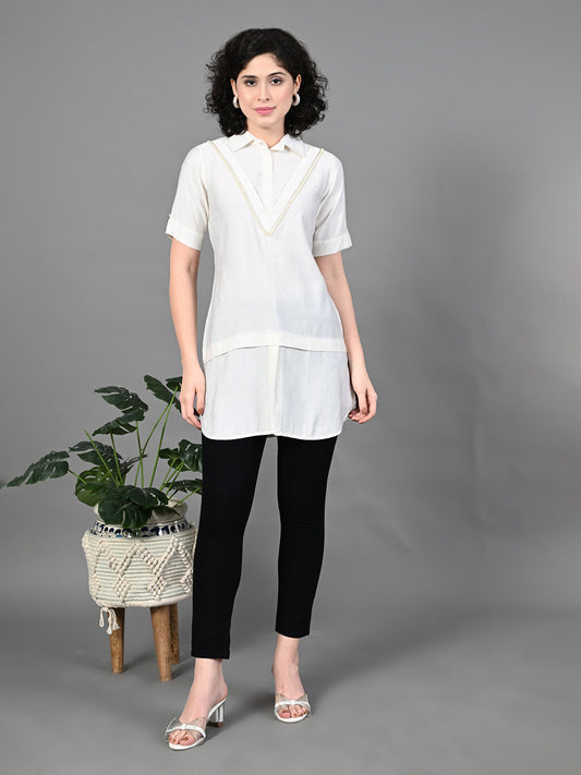 Myshka Women's Solid A-Line Collared Neck Casual Tunic In White Colour