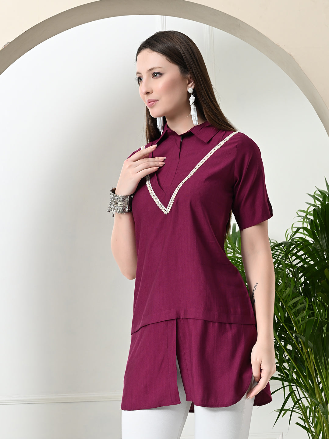 Myshka Women's Solid A-Line Collared Neck Casual Tunic In Magenta Colour