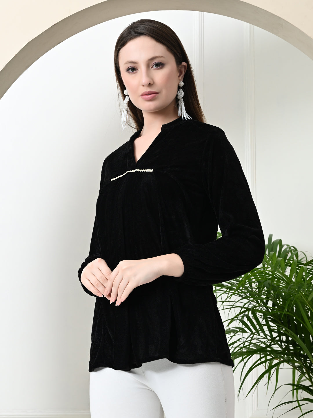 Myshka Women's Velvet A-Line Collared Neck Party Tunic In Black Colour