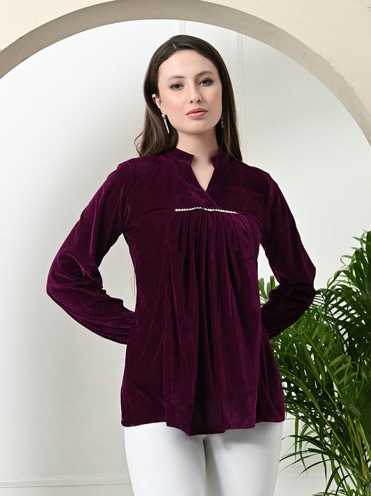 Myshka Women's Velvet A-Line Collared Neck Party Tunic In Wine Colour