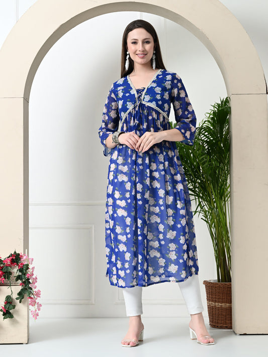 Myshka Women's Blue Printed Georgette A-Line Nyra-cut Kurta