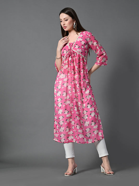 Myshka Women's Pink Printed Georgette A-Line Nyra-cut Kurta