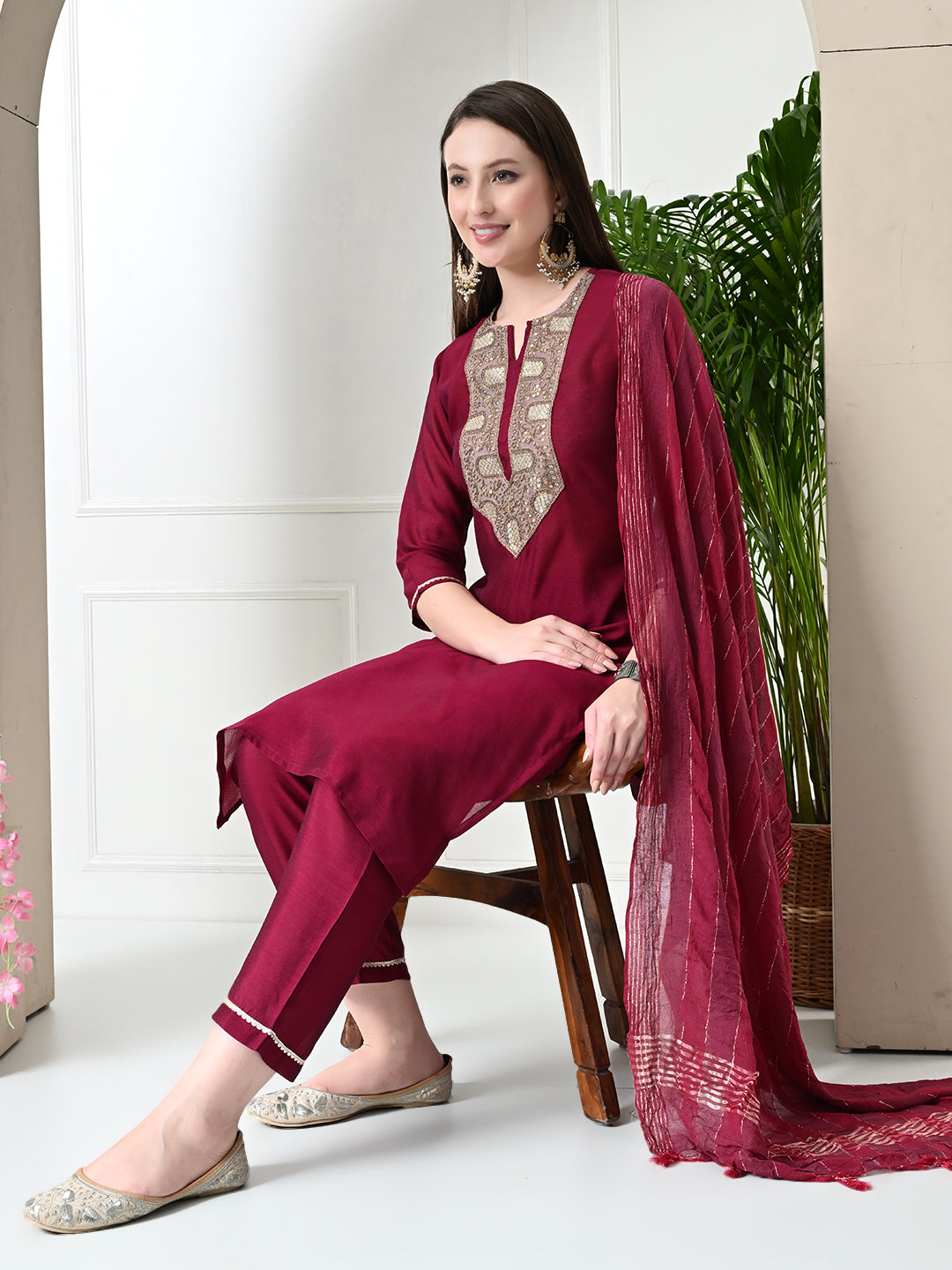 Myshka Women's Embroidered Keyhole Neck Bell Sleeves Kurta & Palazzos With Dupatta Sets in Magenta Colour