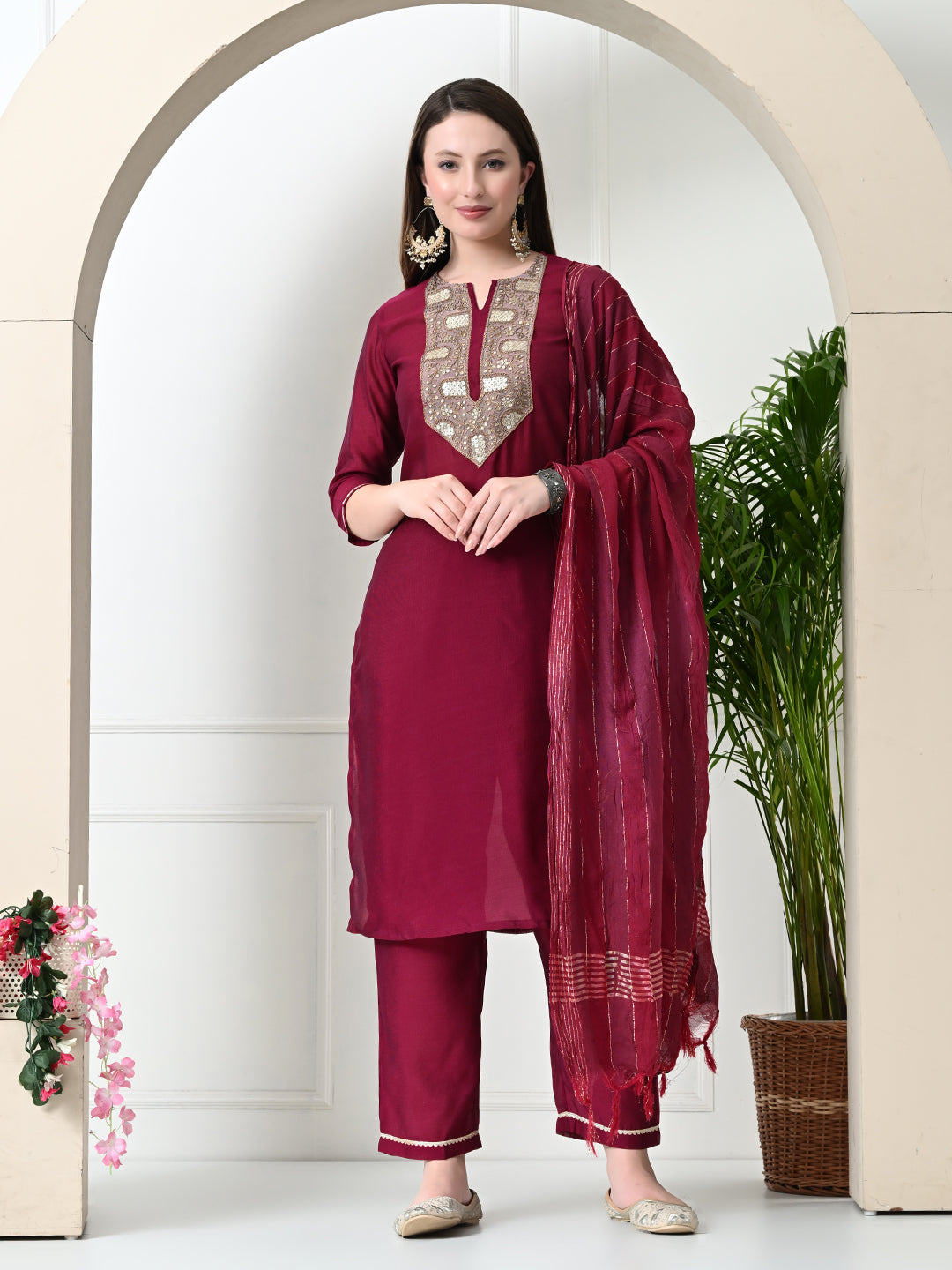 Myshka Women's Embroidered Keyhole Neck Bell Sleeves Kurta & Palazzos With Dupatta Sets in Magenta Colour