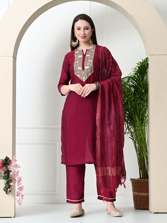 Myshka Women's Embroidered Keyhole Neck Bell Sleeves Kurta & Palazzos With Dupatta Sets in Magenta Colour