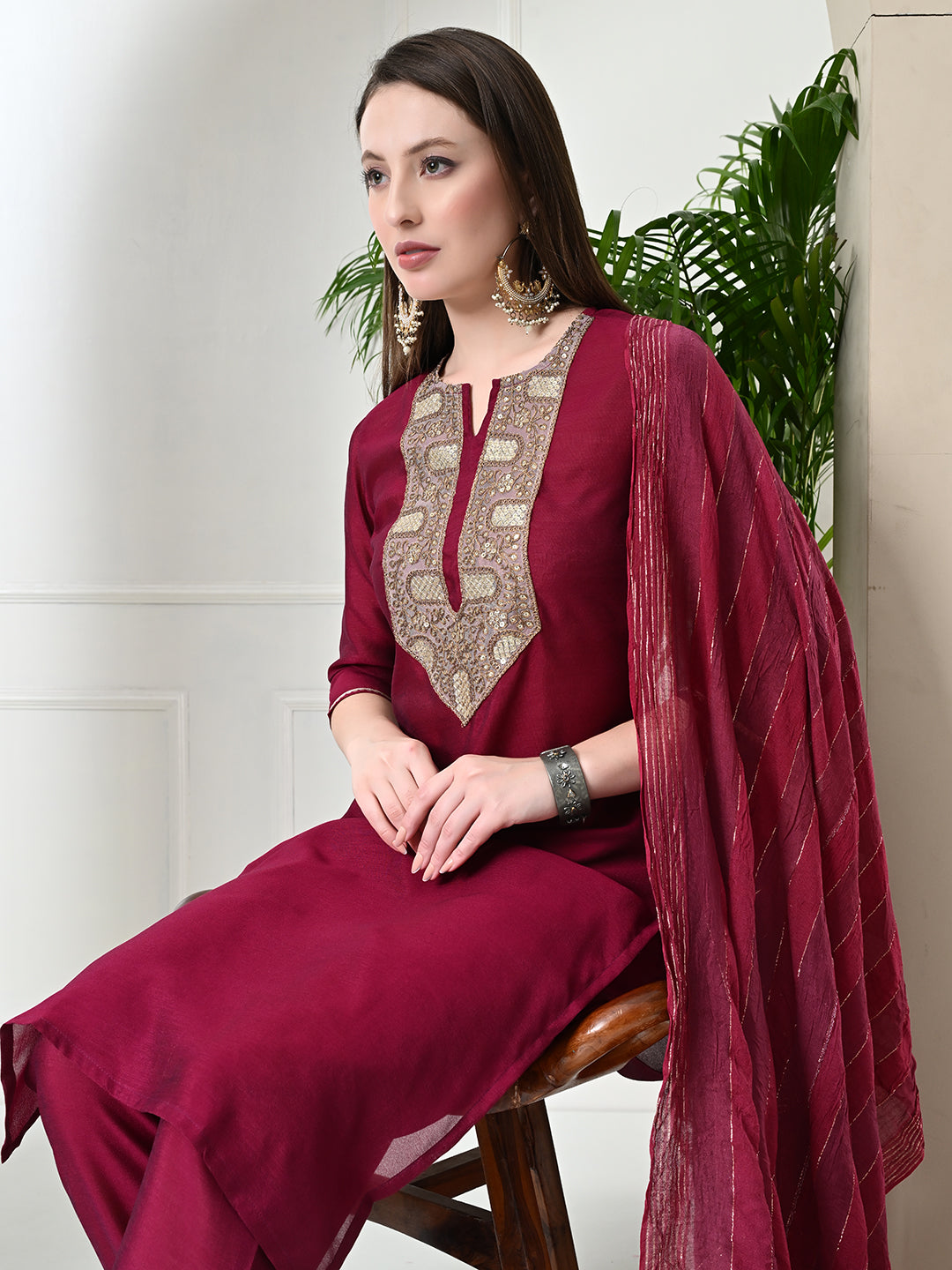 Myshka Women's Embroidered Keyhole Neck Bell Sleeves Kurta & Palazzos With Dupatta Sets in Magenta Colour