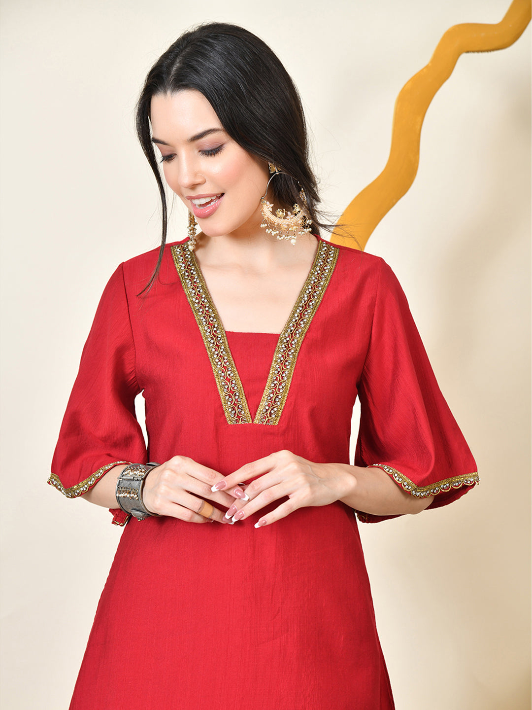 Myshka Women's Red Solid V-Neck Bell Sleeves Kurta & Dhoti Pants