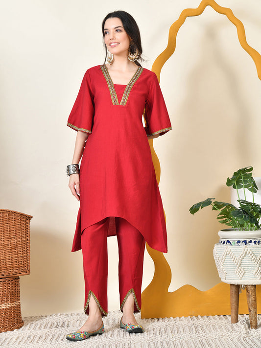 Myshka Women's Red Solid V-Neck Bell Sleeves Kurta & Dhoti Pants