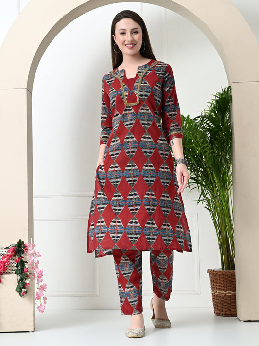 Myshka Women's Block Printed Cotton Straight Party Kurta Sets