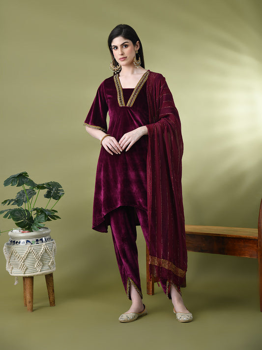 Myshka Women's Magenta Velvet Kurta Pant With Dupatta Set