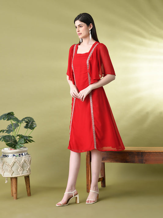 Myshka Women's Red Solid Georgette Dress