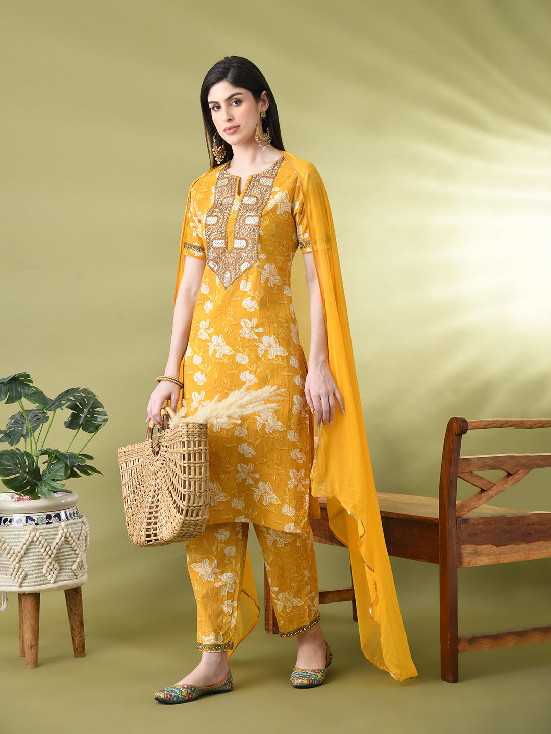 Myshka Women's Cotton Yellow Printed Kurta Set With Dupatta