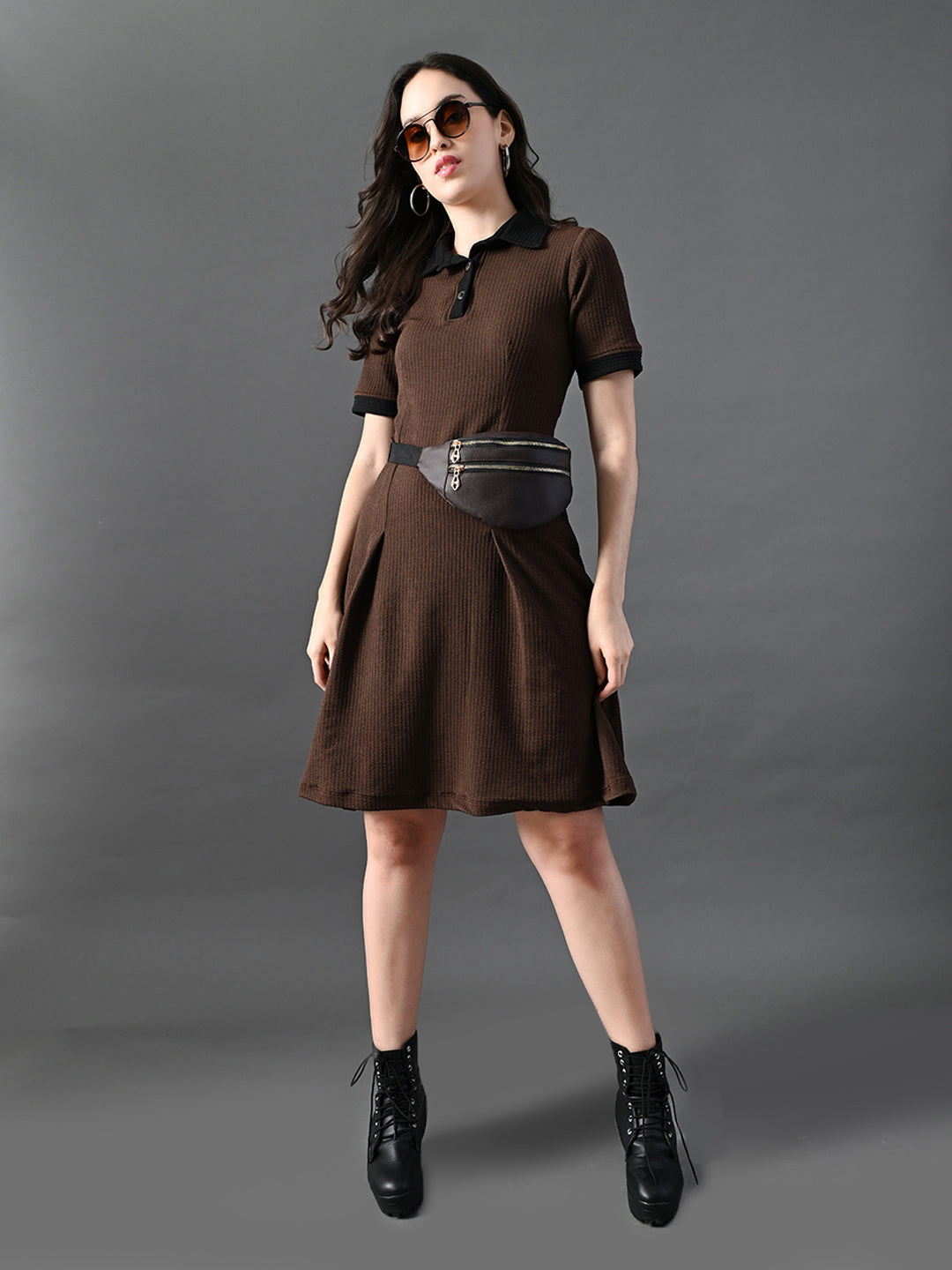 Myshka Women's Coffe Brown Collared Dress