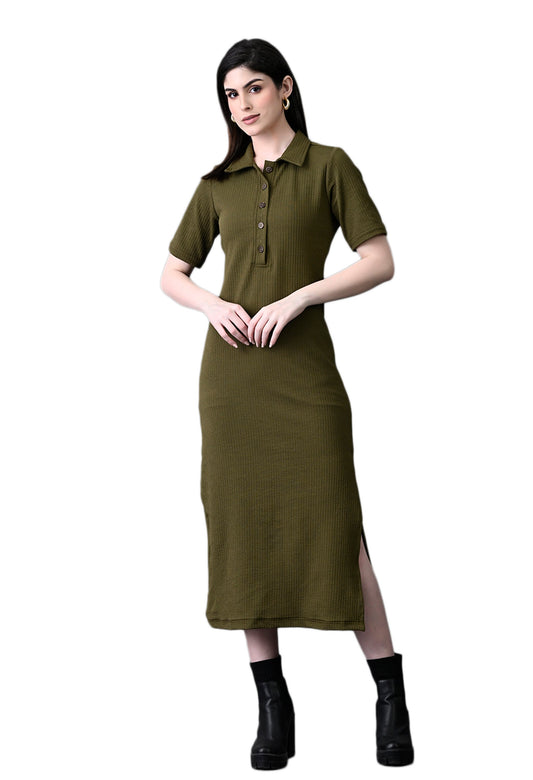 Myshka Women's Elegant Olive Midi Dress With Collared Neckline