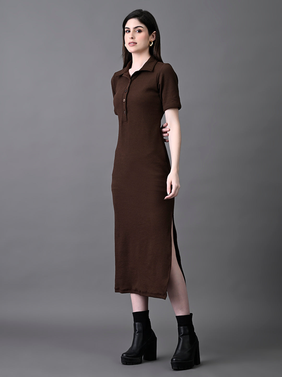 Myshka Women's Elegant Coffe Midi Dress With Collared Neckline