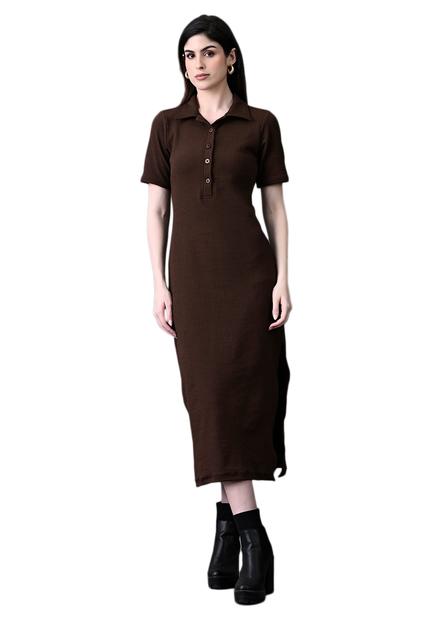 Myshka Women's Elegant Coffe Midi Dress With Collared Neckline