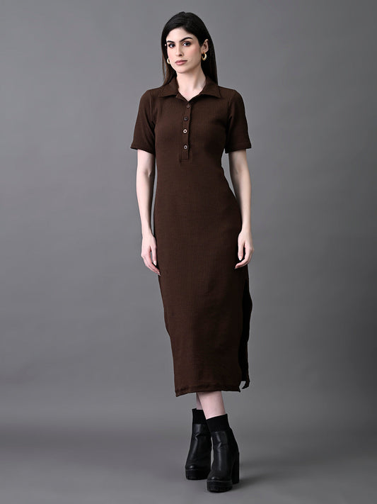 Myshka Women's Elegant Coffe Midi Dress With Collared Neckline