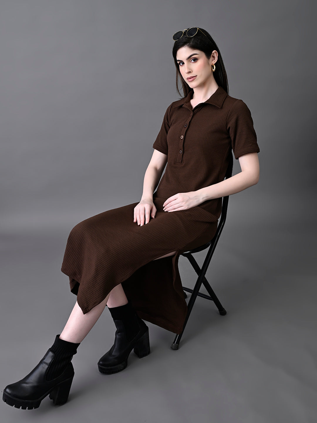 Myshka Women's Elegant Coffe Midi Dress With Collared Neckline