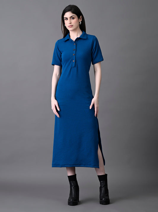 Myshka Women's Elegant Blue Midi Dress With Collared Neckline