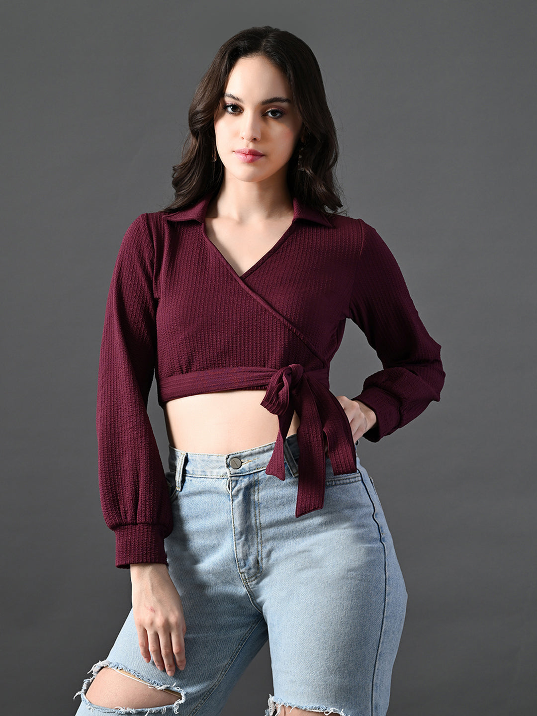 Myshka Women's Stylish Magenta Wrap Crop Top With Full Sleeves