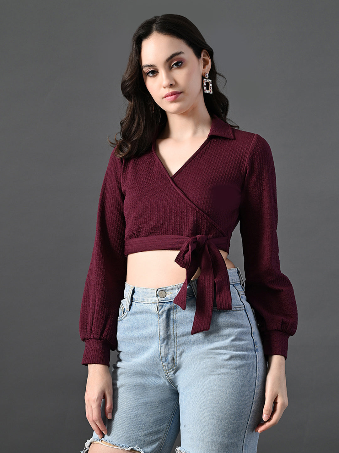 Myshka Women's Stylish Magenta Wrap Crop Top With Full Sleeves