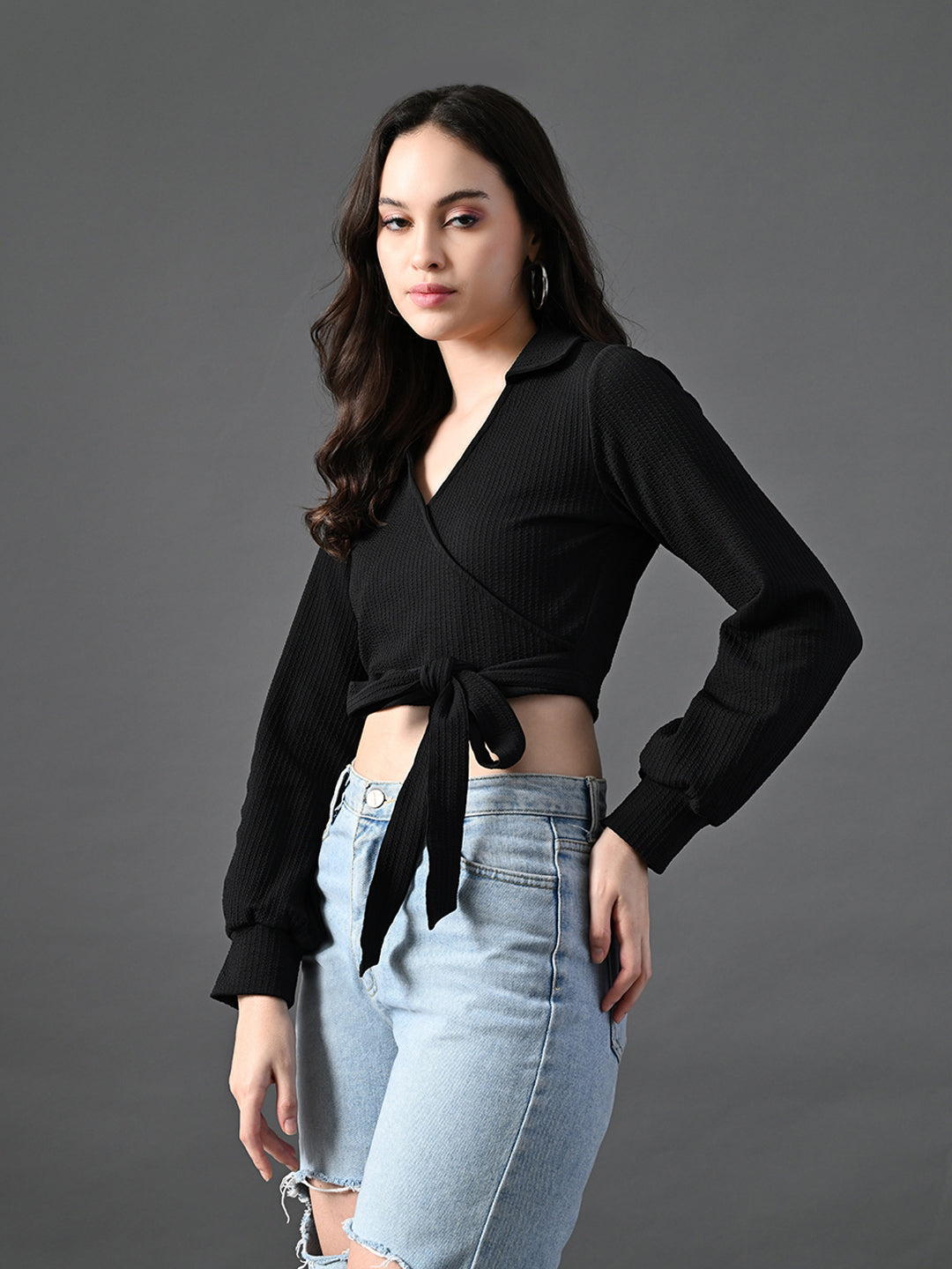 Myshka Women's Stylish Black Wrap Crop Top With Full Sleeves