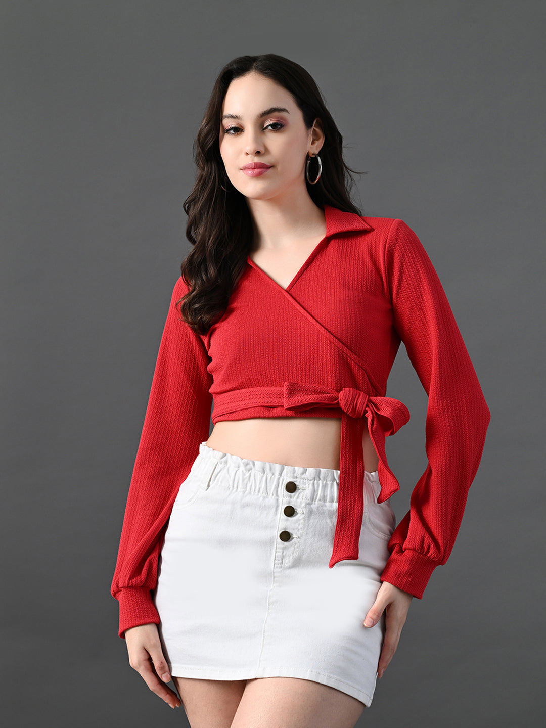 Myshka Women's Stylish Red Wrap Crop Top With Full Sleeves