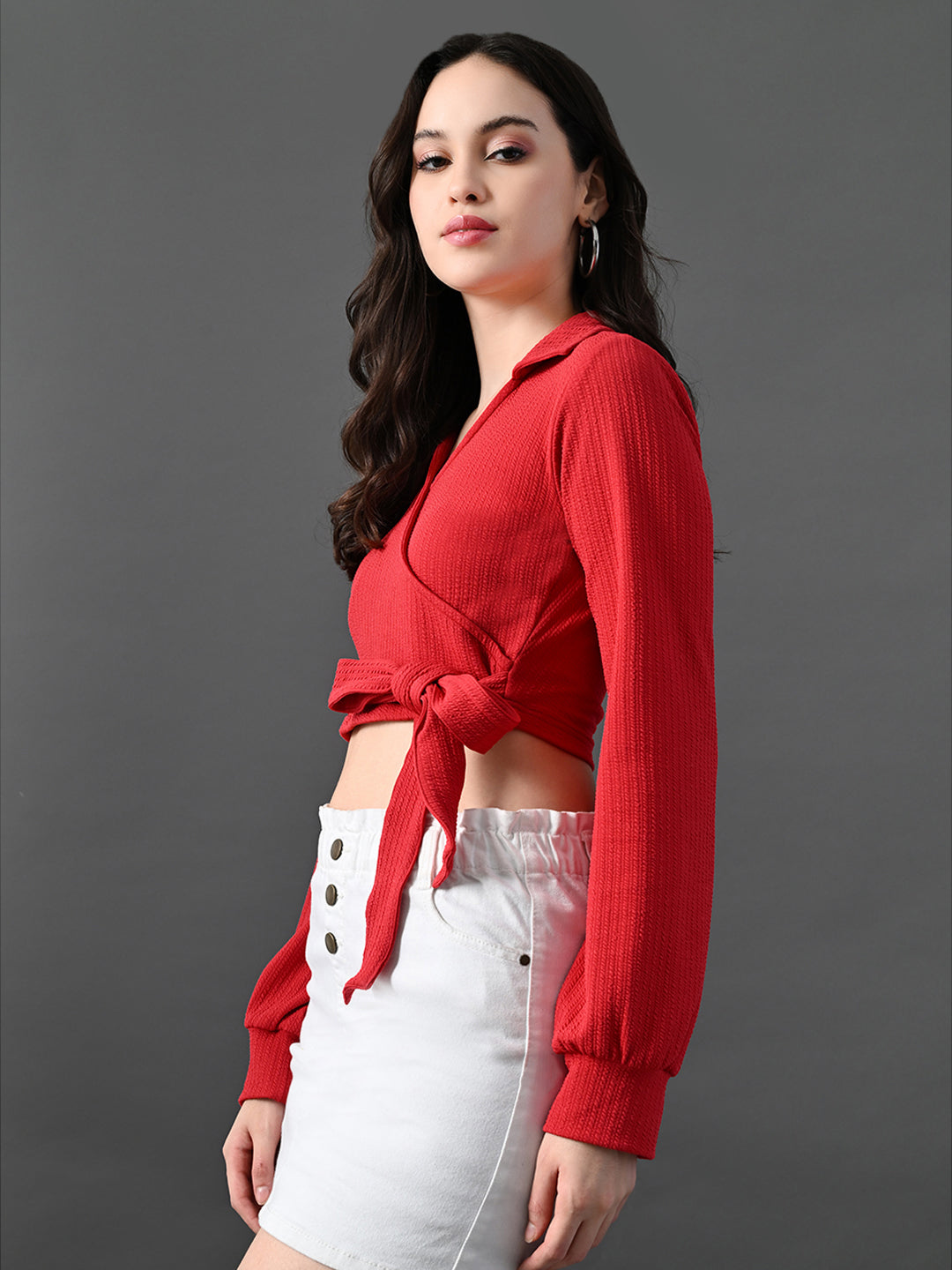 Myshka Women's Stylish Red Wrap Crop Top With Full Sleeves