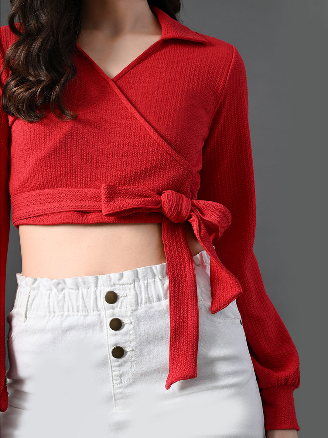 Myshka Women's Stylish Red Wrap Crop Top With Full Sleeves