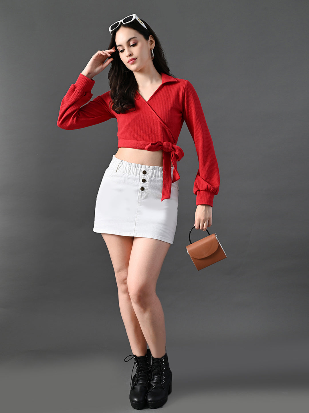 Myshka Women's Stylish Red Wrap Crop Top With Full Sleeves