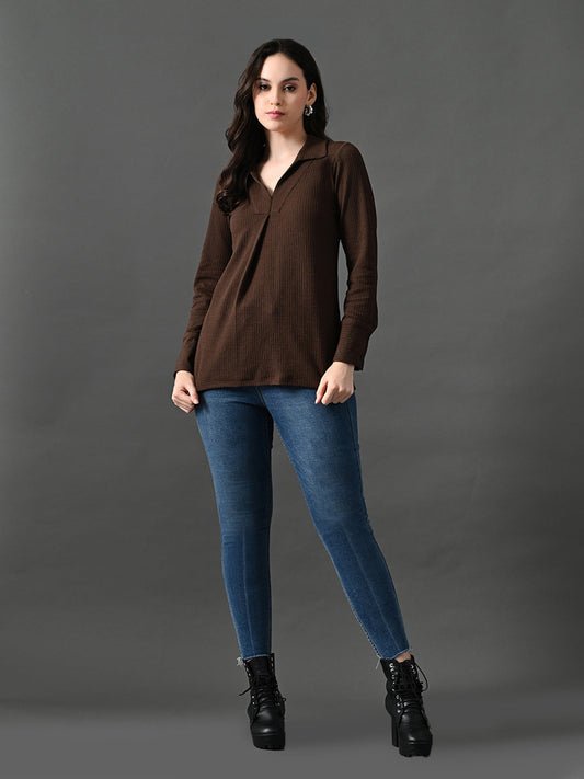 Myshka Women's Classic Coffe Brown V-Neck Full Sleeve Top For Daily Wear