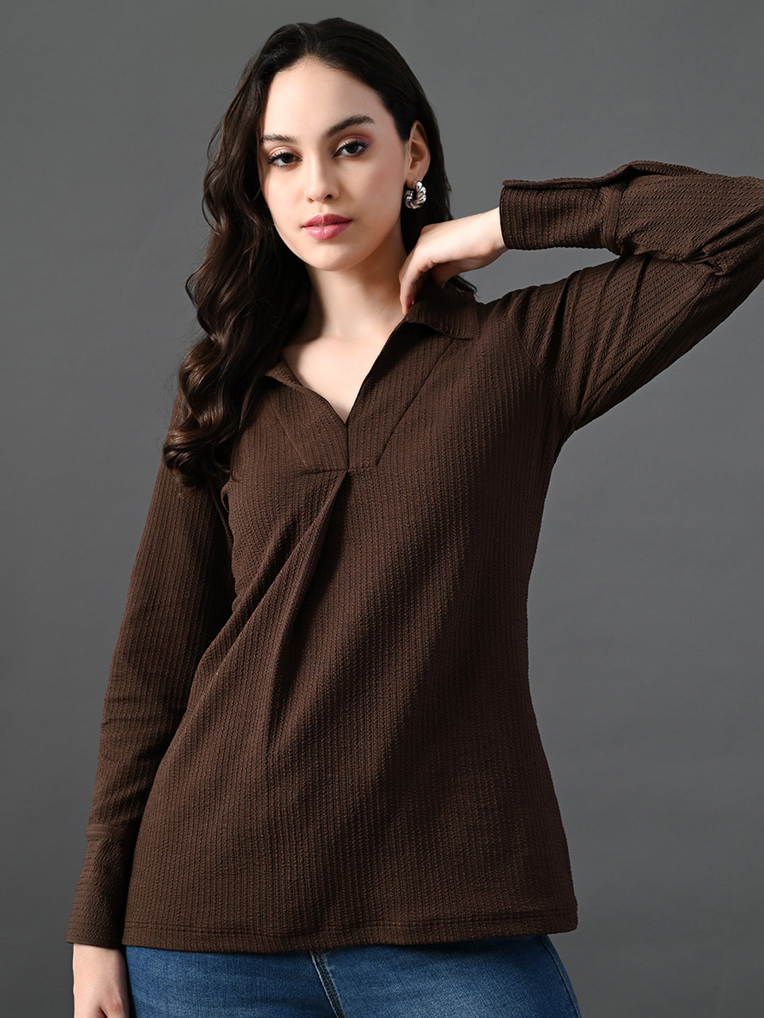 Myshka Women's Classic Coffe Brown V-Neck Full Sleeve Top For Daily Wear