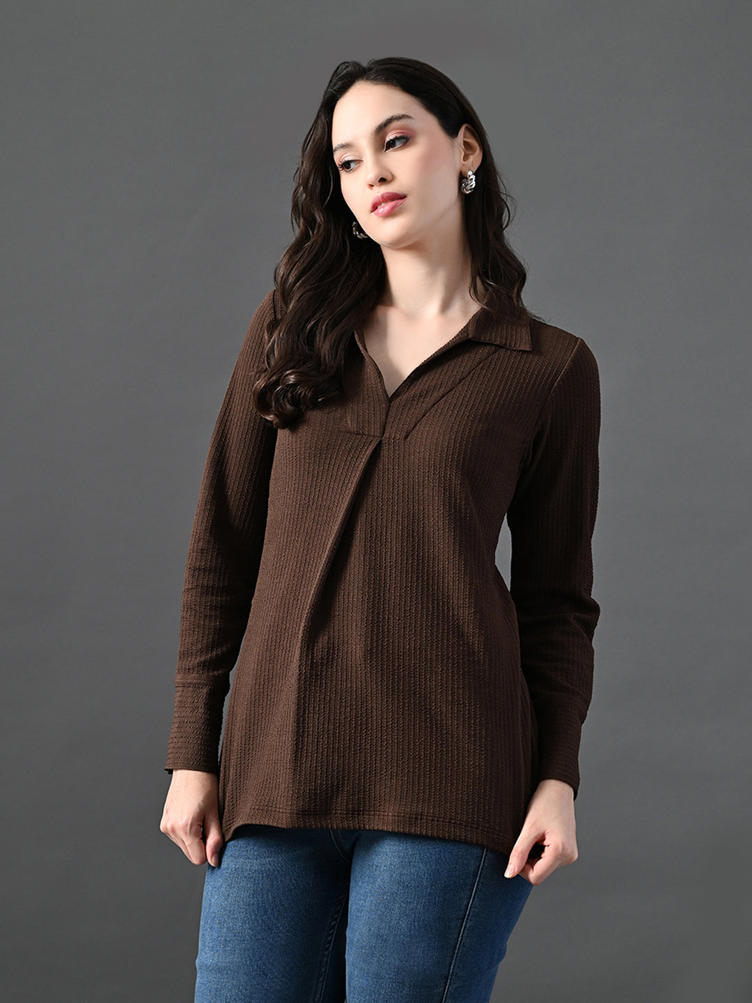 Myshka Women's Classic Coffe Brown V-Neck Full Sleeve Top For Daily Wear