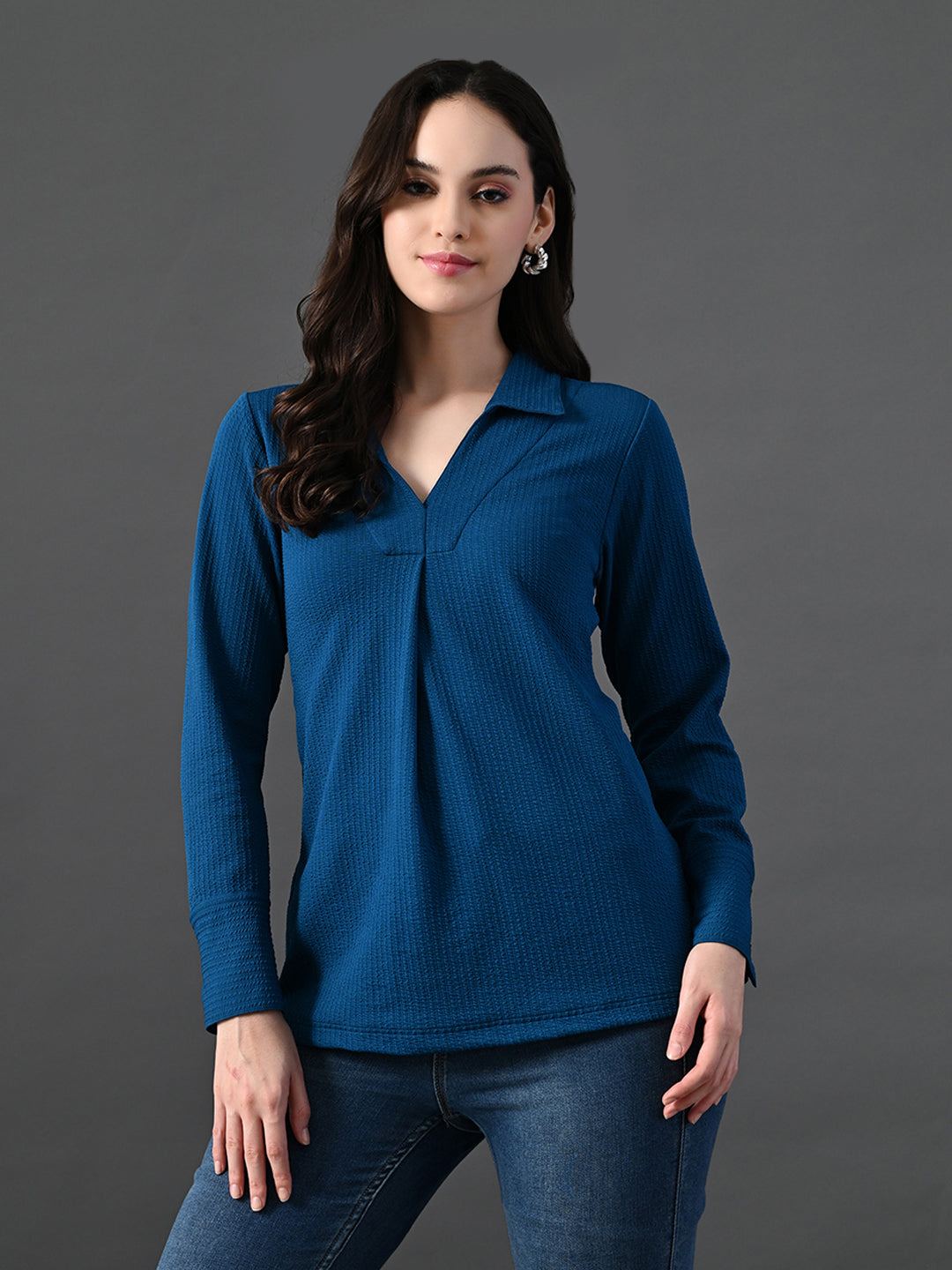 Myshka Women's Classic Blue V-Neck Full Sleeve Top For Daily Wear