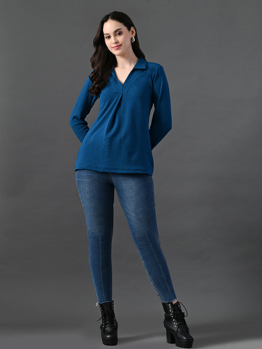 Myshka Women's Classic Blue V-Neck Full Sleeve Top For Daily Wear