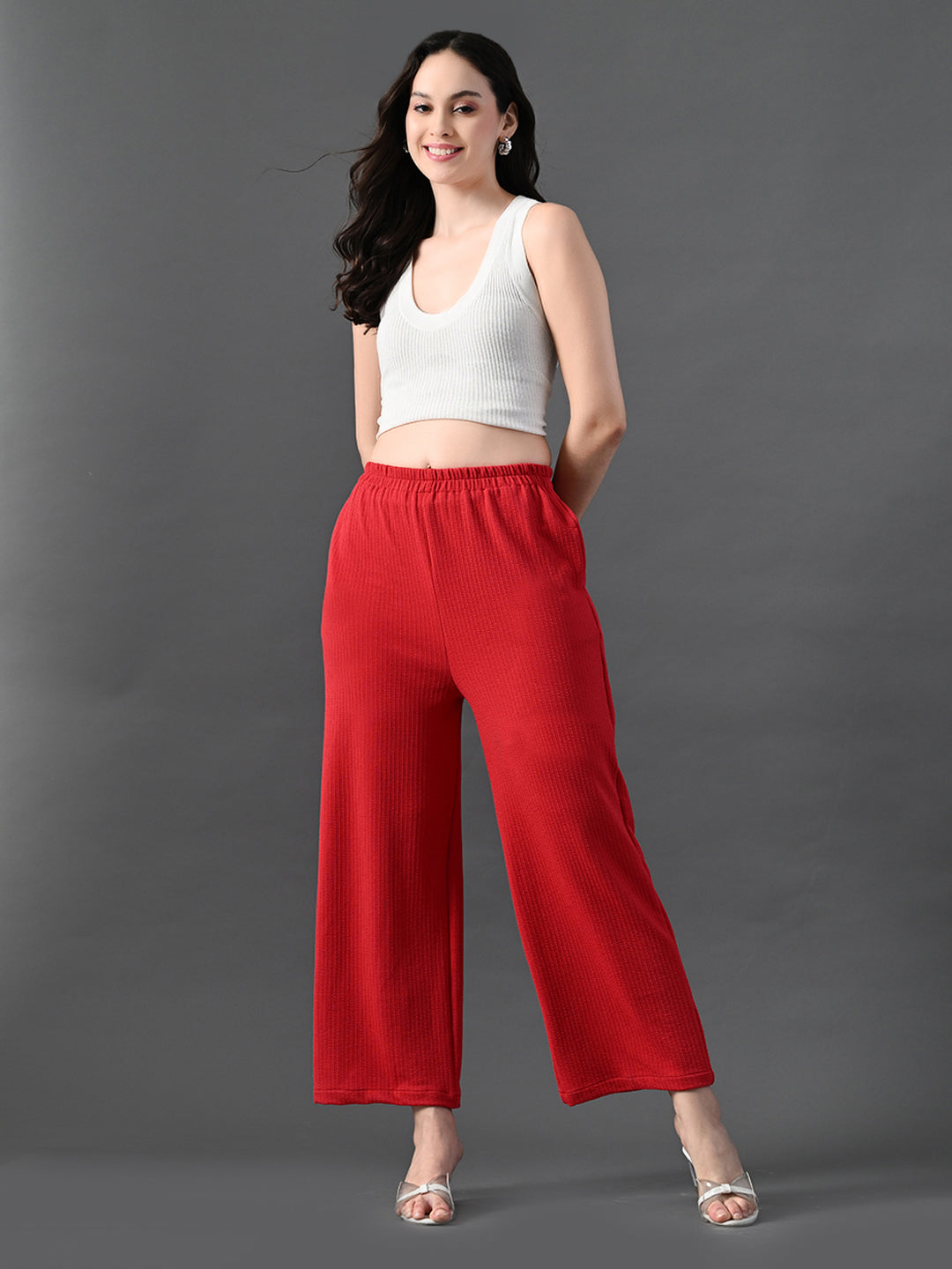 Myshka Women's Red Traight Fit Party Trouser