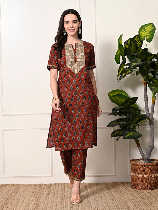 Myshka Women's Cotton Red Printed Kurta Set