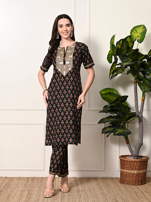 Myshka Women's Cotton Black Printed Kurta Set