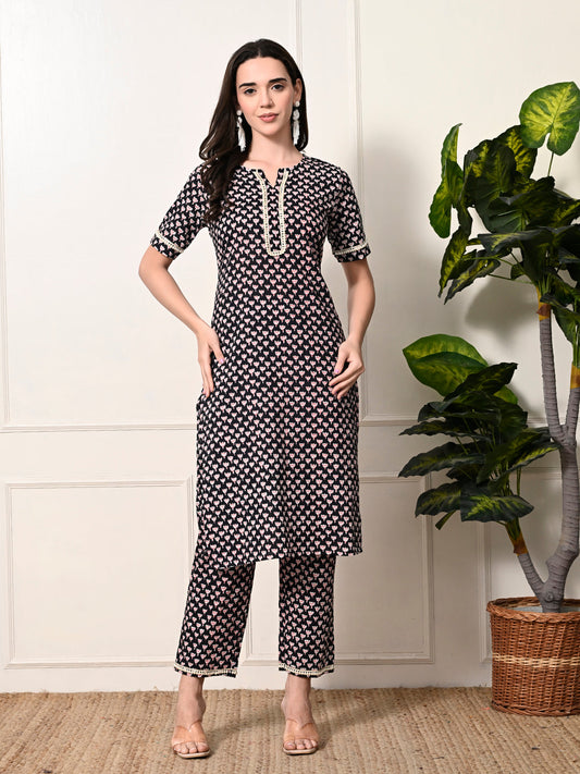 Myshka Women's Cotton Black Printed Kurta Set