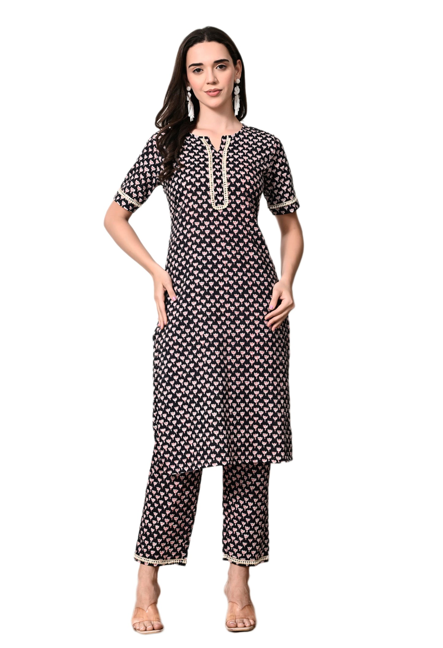 Myshka Women's Cotton Black Printed Kurta Set