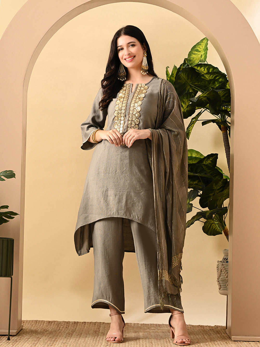 Myshka Women's Embroidered Keyhole Neck Bell Sleeves Kurta & Palazzos Set With Dupattas In Grey Colour