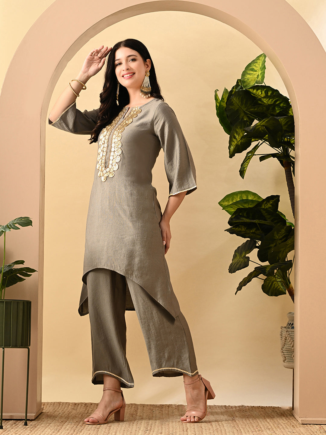 Myshka Women's Embroidered Keyhole Neck Bell Sleeves Kurta & Palazzos Set With Dupattas In Grey Colour