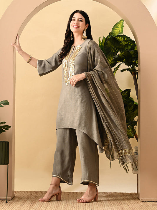 Myshka Women's Embroidered Keyhole Neck Bell Sleeves Kurta & Palazzos Set With Dupattas In Grey Colour