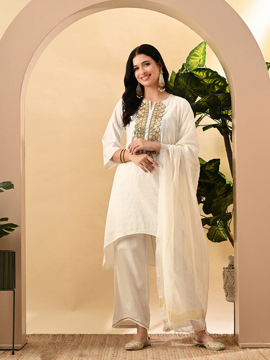 Myshka Women's Embroidered Keyhole Neck Bell Sleeves Kurta & Palazzos Set With Dupattas In White Colour