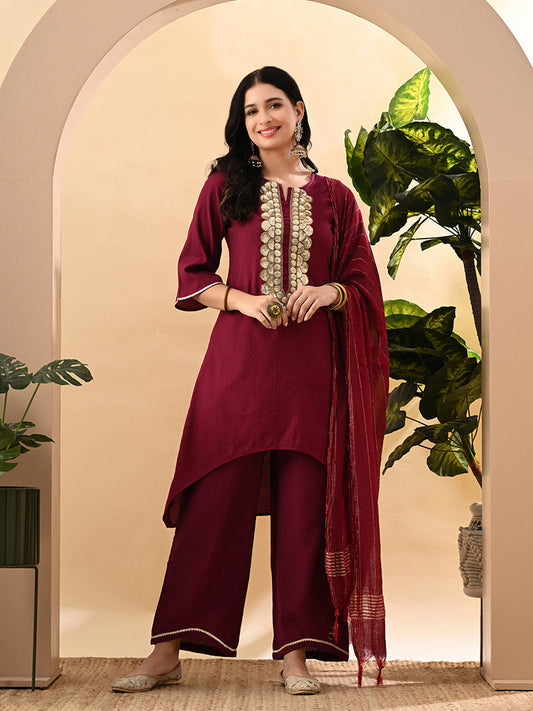 Myshka Women's Embroidered Keyhole Neck Bell Sleeves Kurta & Palazzos Set With Dupattas In Magenta Colour