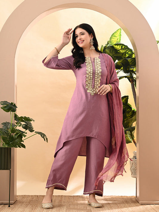 Myshka Women's Embroidered Keyhole Neck Bell Sleeves Kurta & Palazzos Set With Dupattas In Lavender Colour